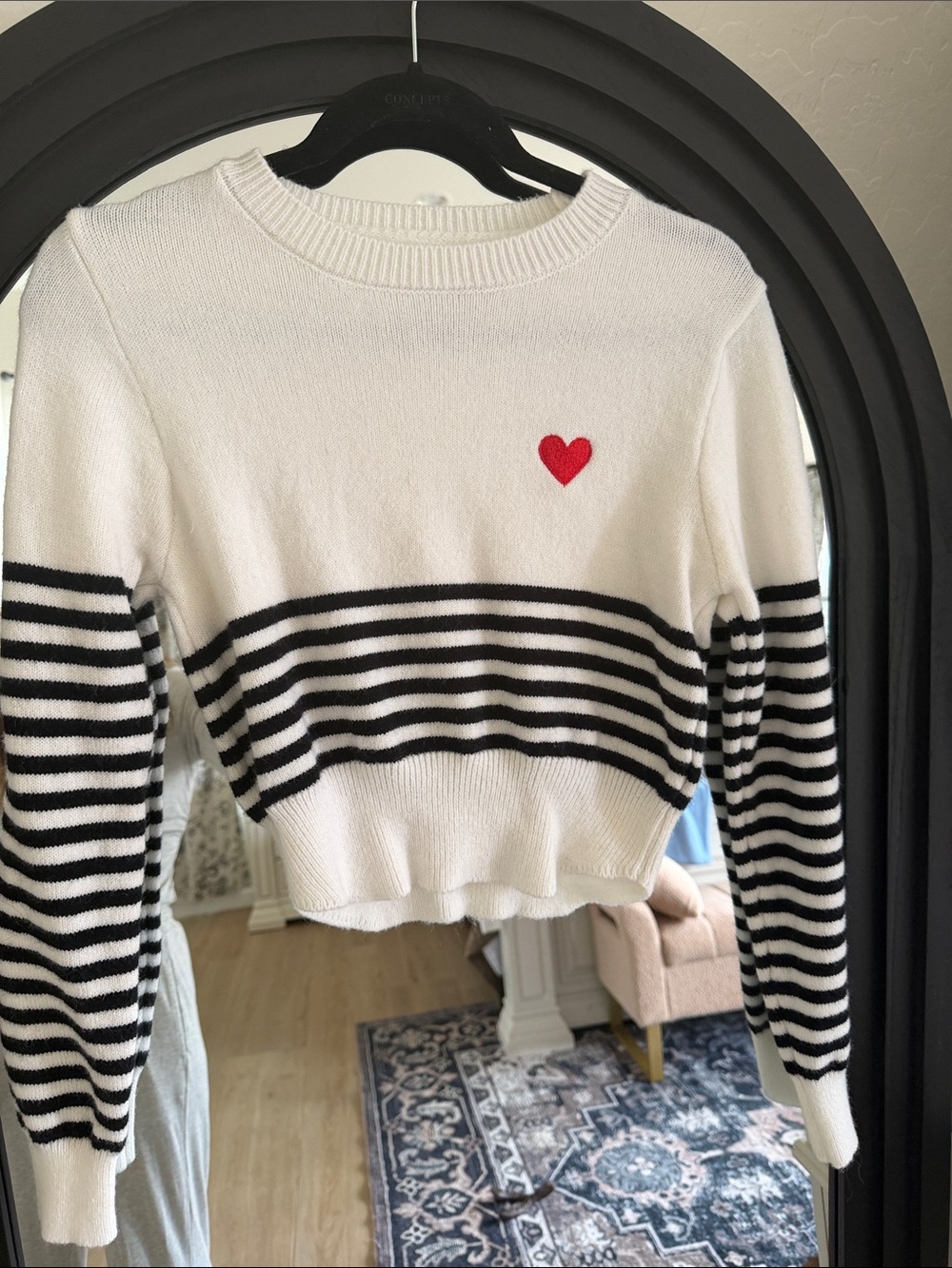 Old Navy White Crewneck Sweater with Black Stripes and Red Heart